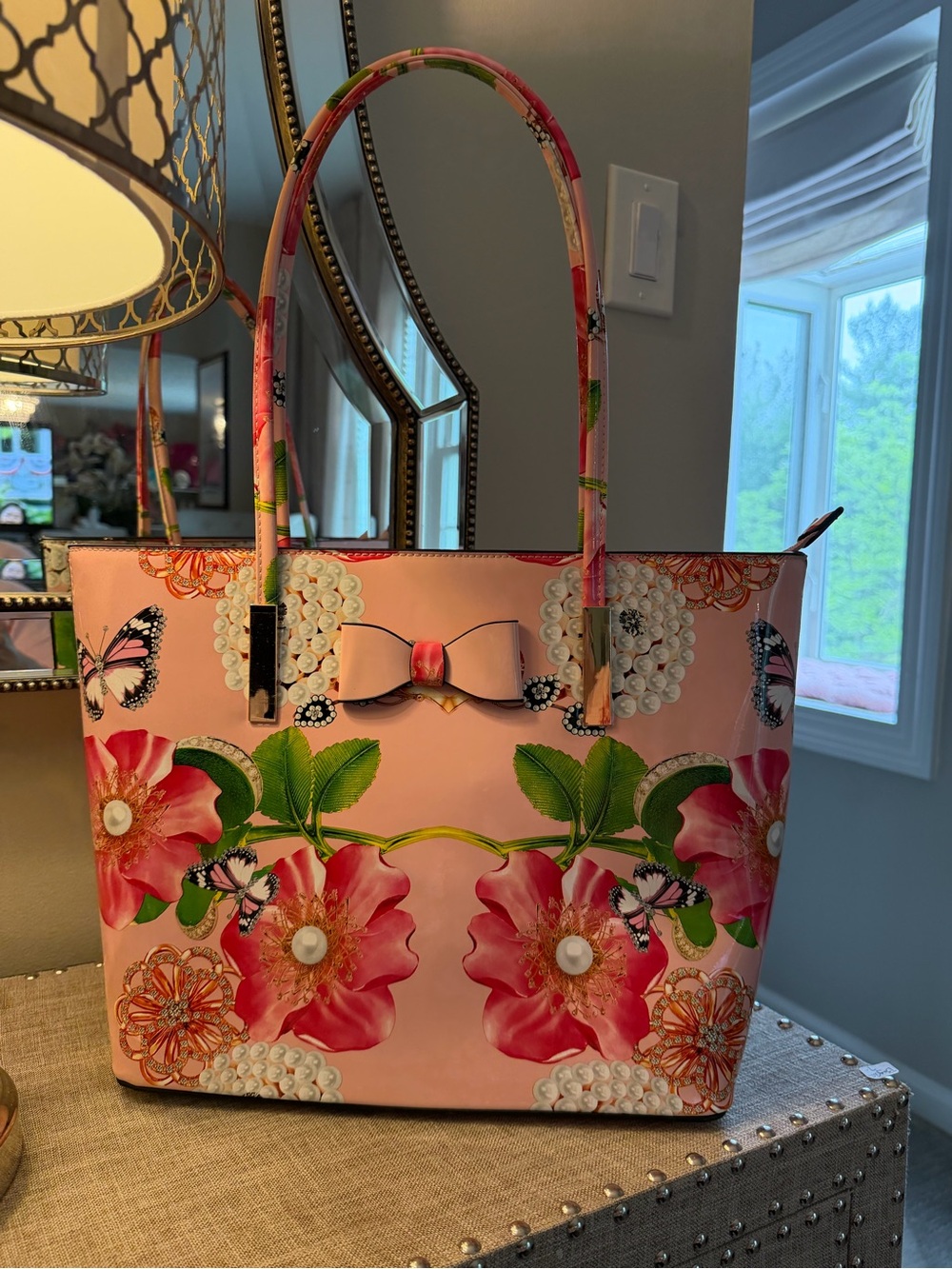 Gorgeous FLORAL Peonies + Pearls Celebration Large Pink Tote satchel Bag w BOW - Picture 13 of 13